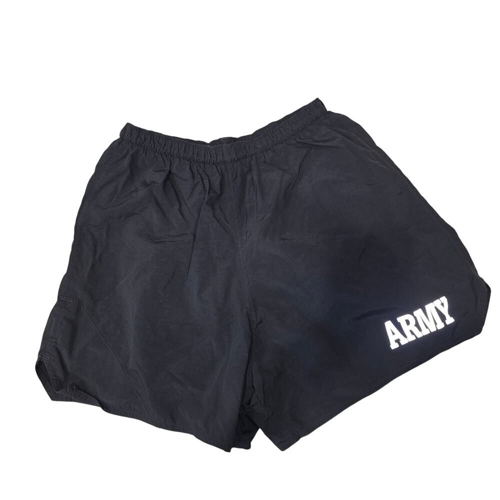 Authentic Army black, basic training, reflective‎ shorts w/typed logo, sz S/M